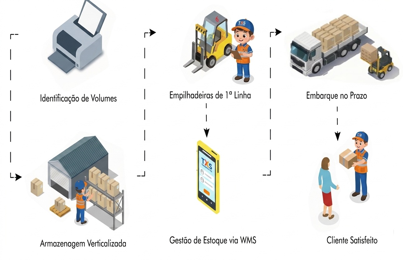 Processo integrado e seguro da TXS Transportes: identificação de volumes, armazenagem verticalizada, empilhadeiras de 1ª linha, gestão de estoque via WMS, embarque no prazo e cliente satisfeito
